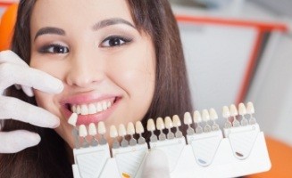Young woman getting dental veneers from cosmetic dentist
