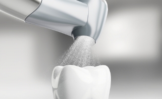 Animated tooth being cleaned by dental instrument spraying water