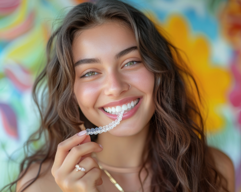 Girl holding clear aligner